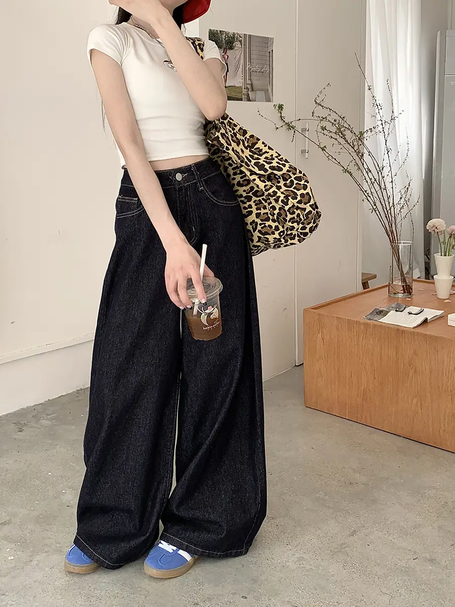 Retro Dark Blue Wide Leg Jeans Women High Waist Slimming Trousers — feature 9