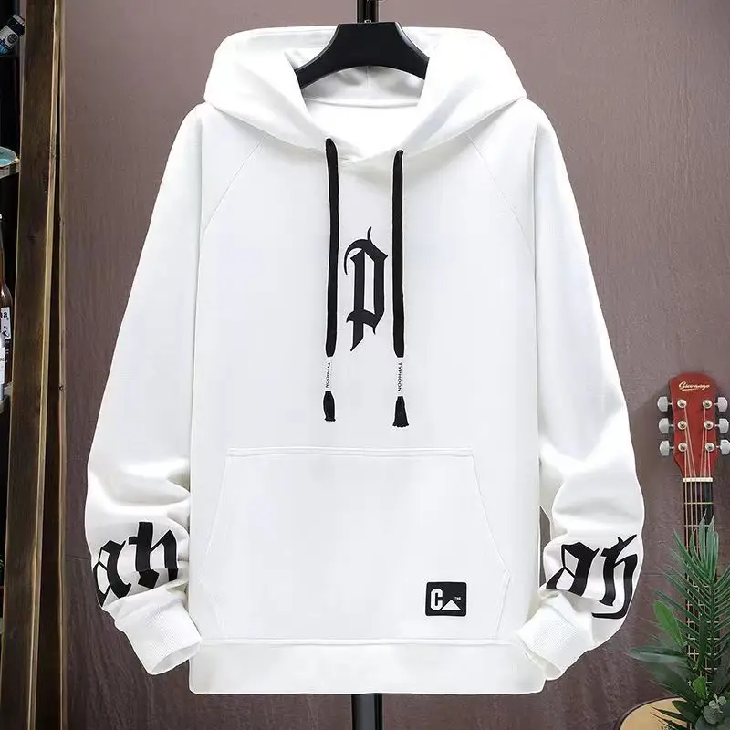 Men's White Korean Style Hooded Sweatshirt 2024