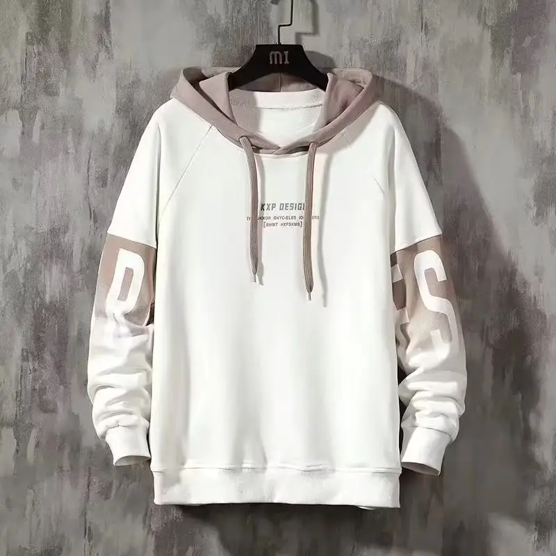 Men's White Korean Style Hooded Sweatshirt 2024