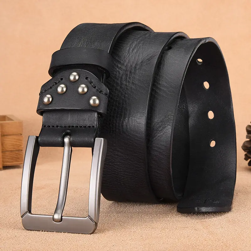 Men's Cowhide Belt with Silver Buckle & Metal Studs — feature 7
