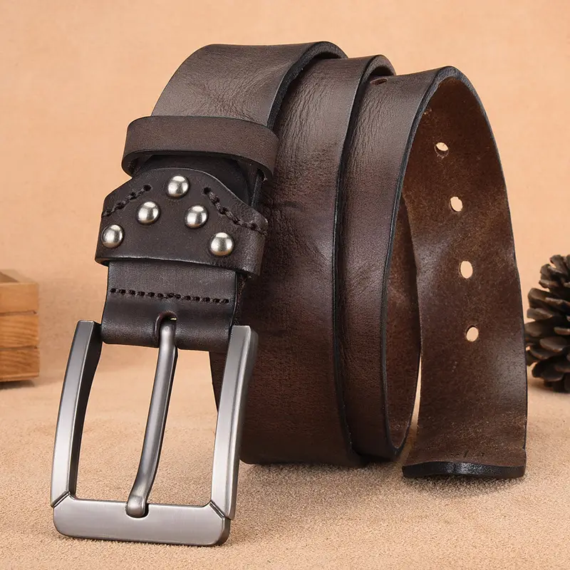 Men's Cowhide Belt with Silver Buckle & Metal Studs — feature 8