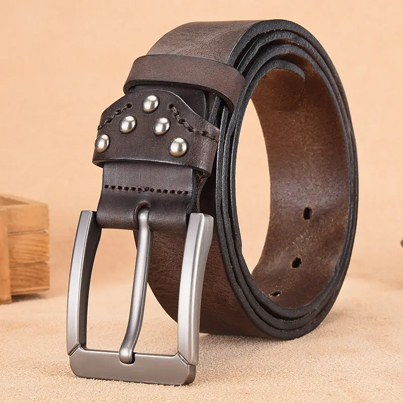 Men's Cowhide Belt with Silver Buckle & Metal Studs - Image 2