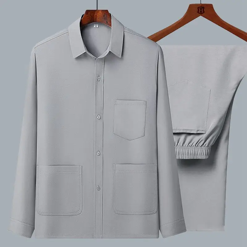 Men Ice Silk Long Sleeve Shirt Plus Size Grey - Image 2