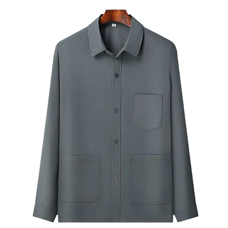 Men Ice Silk Long Sleeve Shirt Plus Size Grey - Image 13
