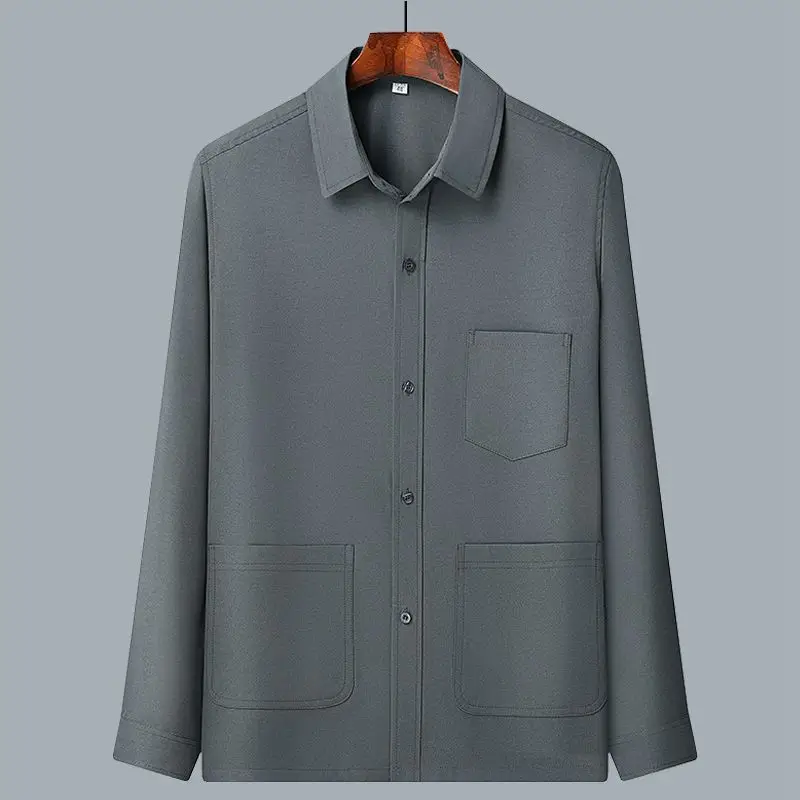 Men Ice Silk Long Sleeve Shirt Plus Size Grey - Image 5