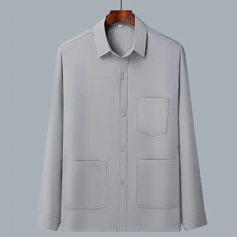 Men Ice Silk Long Sleeve Shirt Plus Size Grey - Image 6