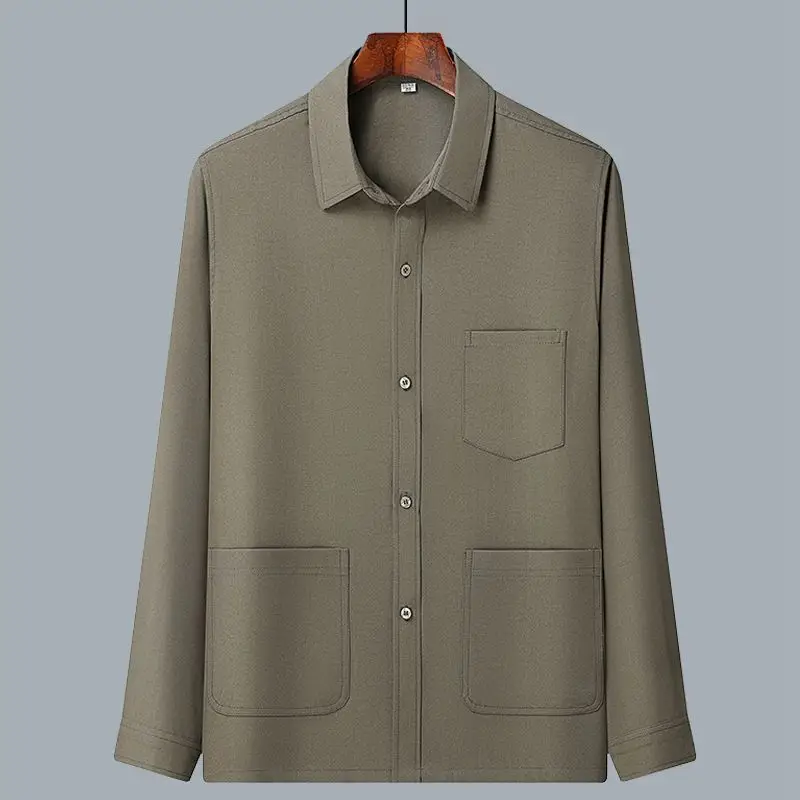 Men Ice Silk Long Sleeve Shirt Plus Size Grey - Image 8
