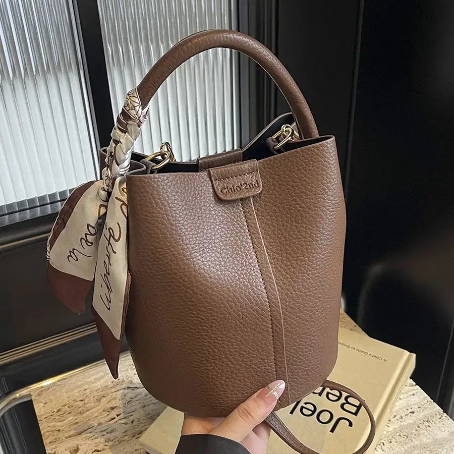 Black Leather Bucket Bag with Crossbody Strap - Image 6