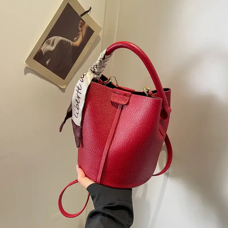 Black Leather Bucket Bag with Crossbody Strap - Image 7