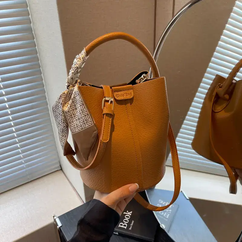 Black Leather Bucket Bag with Crossbody Strap - Image 8