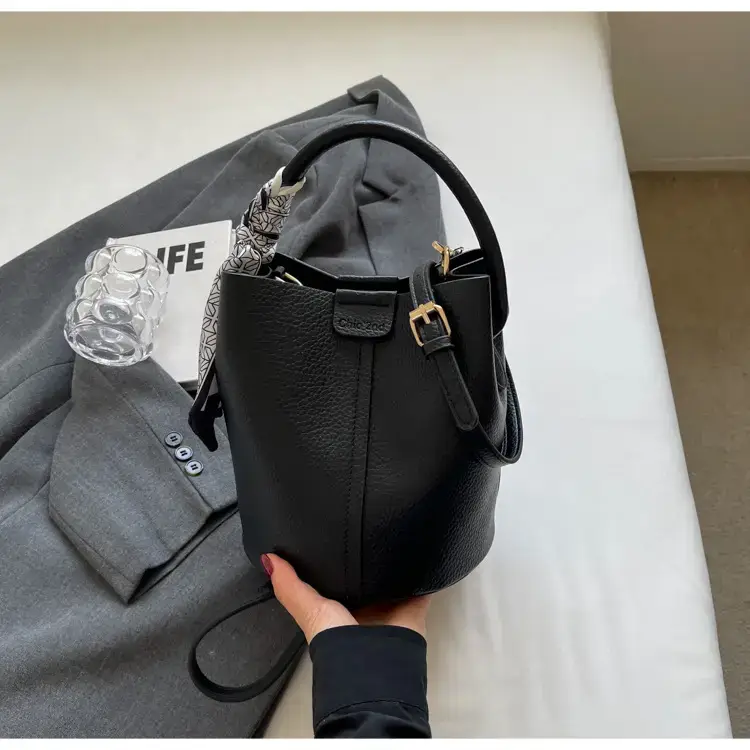 Black Leather Bucket Bag with Crossbody Strap — feature 18