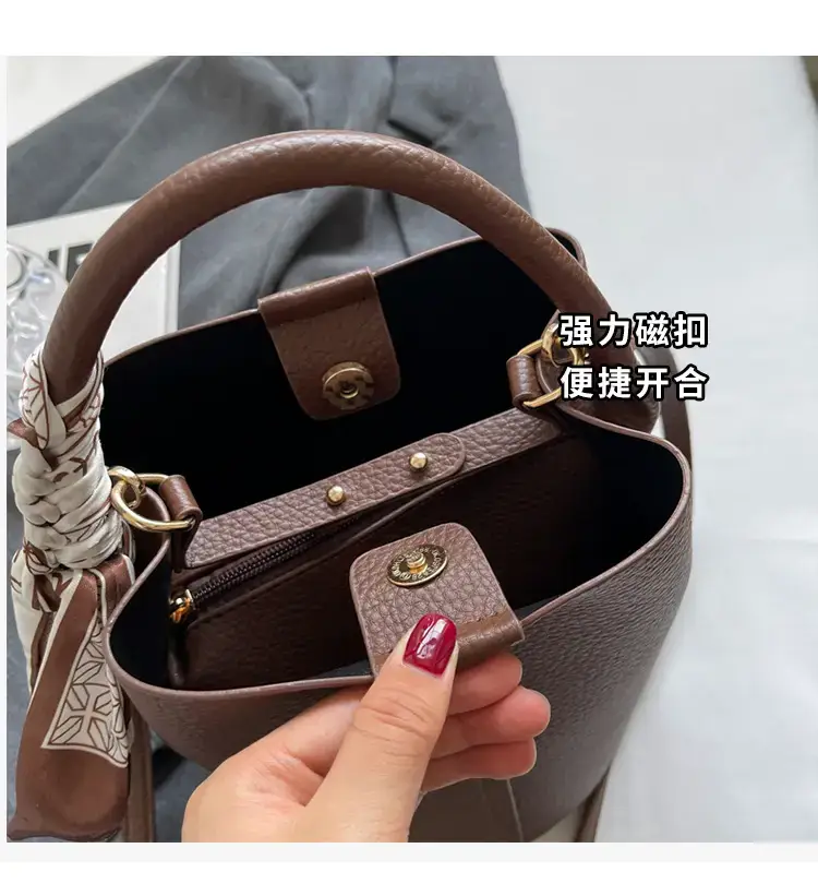 Black Leather Bucket Bag with Crossbody Strap — feature 6