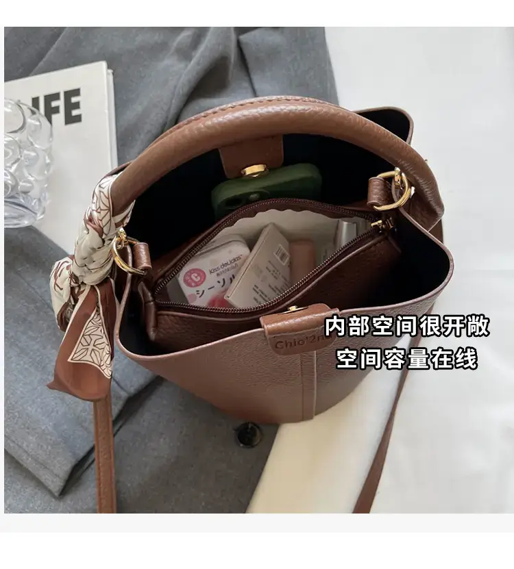 Black Leather Bucket Bag with Crossbody Strap — feature 8