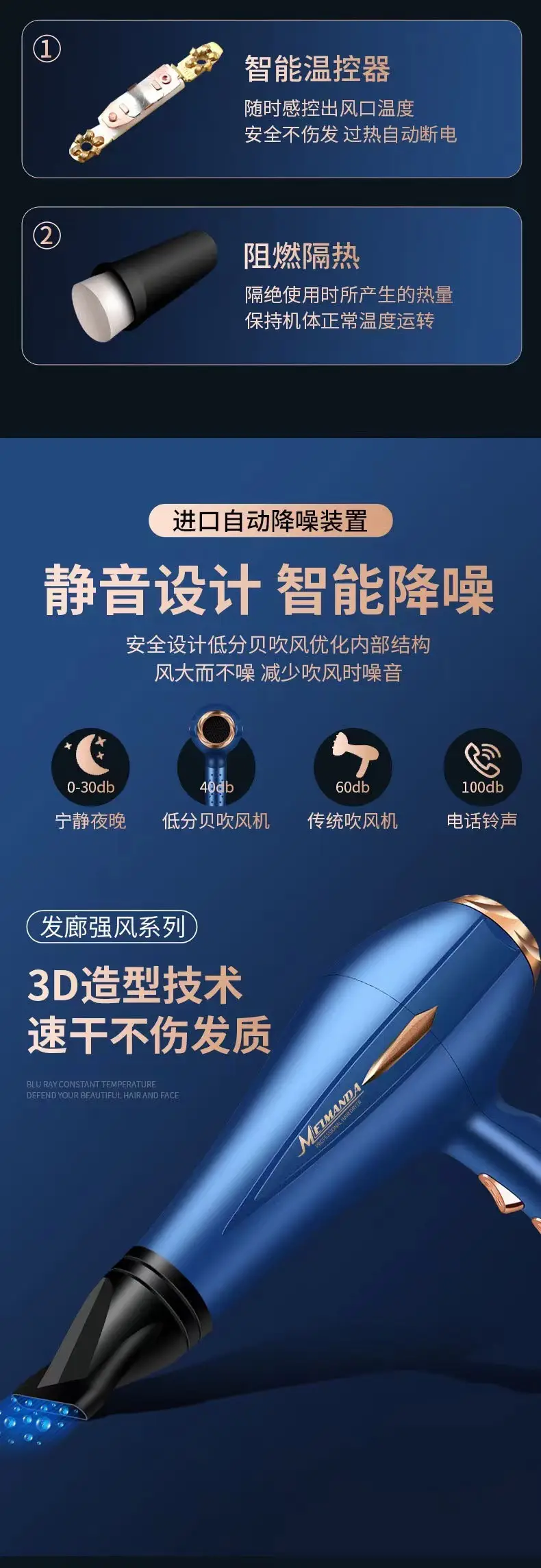 Blue Professional Hair Dryer with Strong Wind & Light Output — feature 12