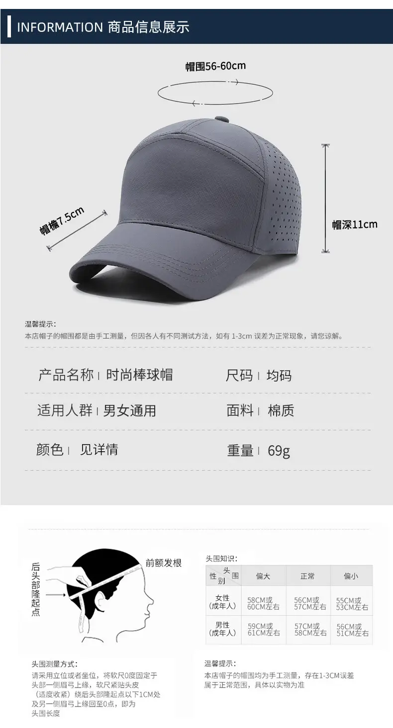 Grey Perforated Baseball Cap for Men Women Spring Summer Sunscreen — feature 6