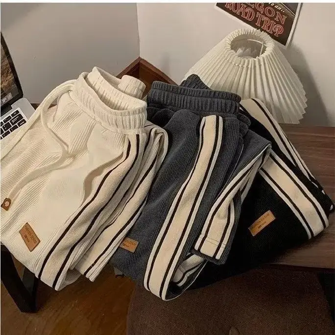 Men Winter Corduroy Pants Black White Stripes - Image 7