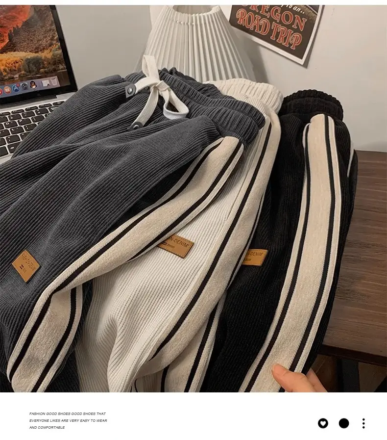 Men Winter Corduroy Pants Black White Stripes — feature 9