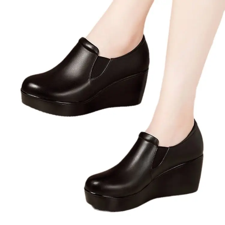New Style Deep Wedge Heeled Four Seasons Round Head Middle Heeled Anti-Slip Bottom Waterproof Platform Comfortable Casual Working Mother Women's Leather Shoes - Image 6