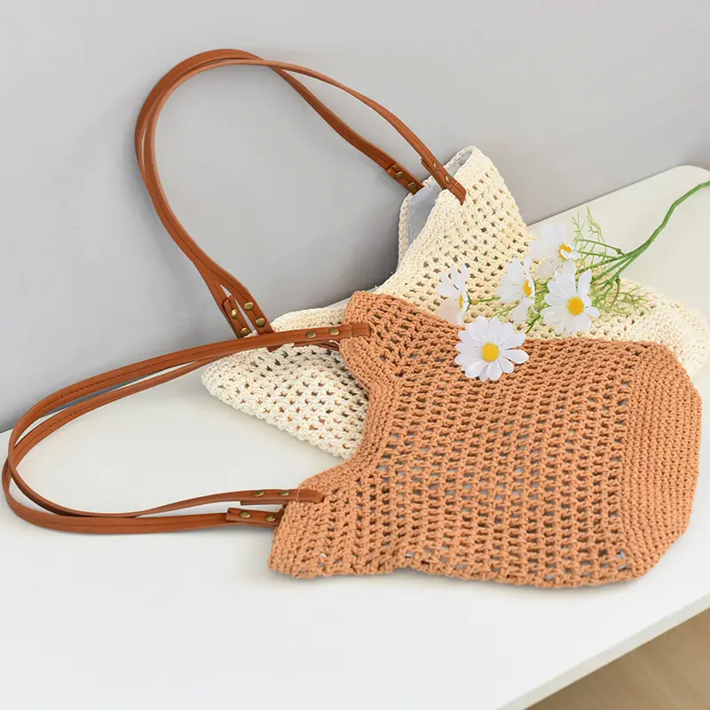 Women Woven Shoulder Bag Summer Large Capacity Tan White - Image 6
