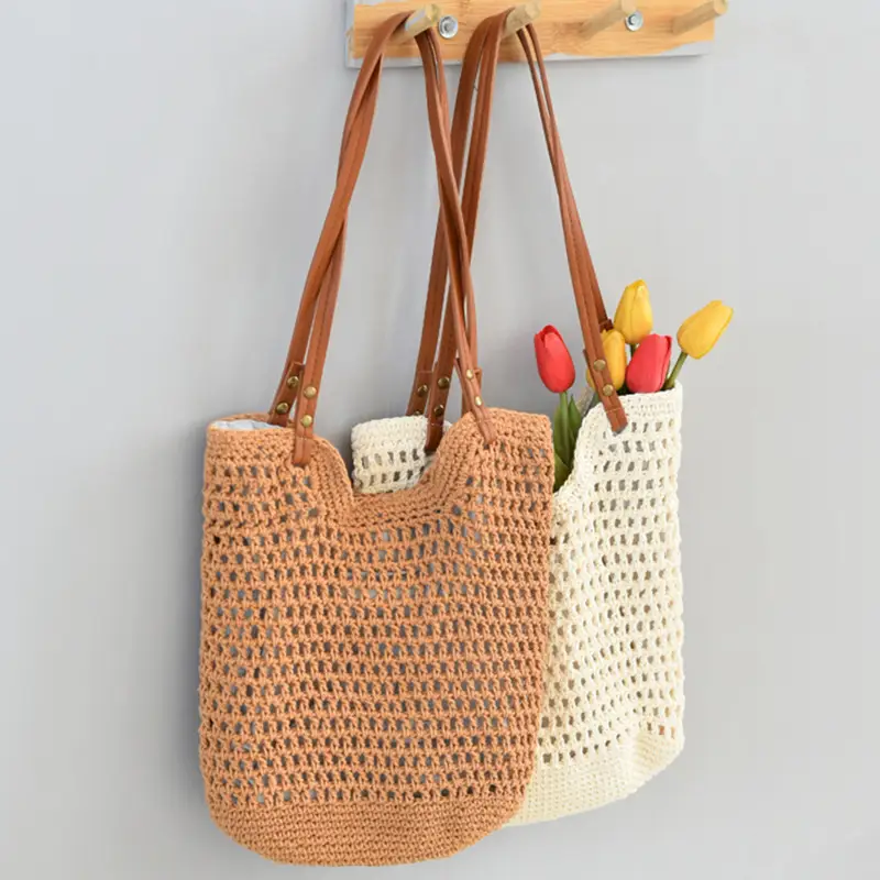 Women Woven Shoulder Bag Summer Large Capacity Tan White - Image 7
