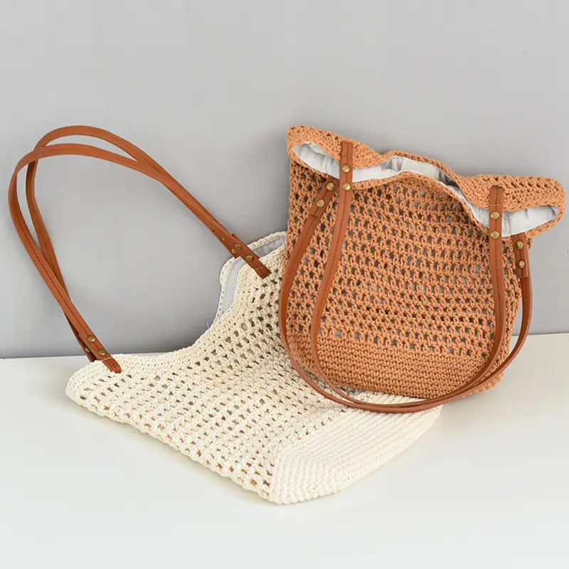 Women Woven Shoulder Bag Summer Large Capacity Tan White - Image 8