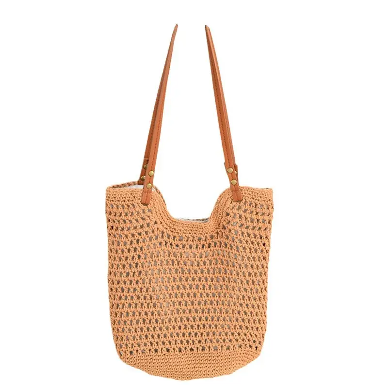 Women Woven Shoulder Bag Summer Large Capacity Tan White - Image 9