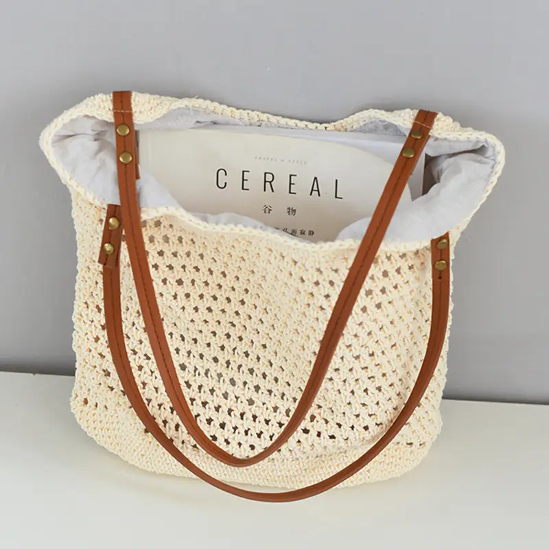 Women Woven Shoulder Bag Summer Large Capacity Tan White — feature 10