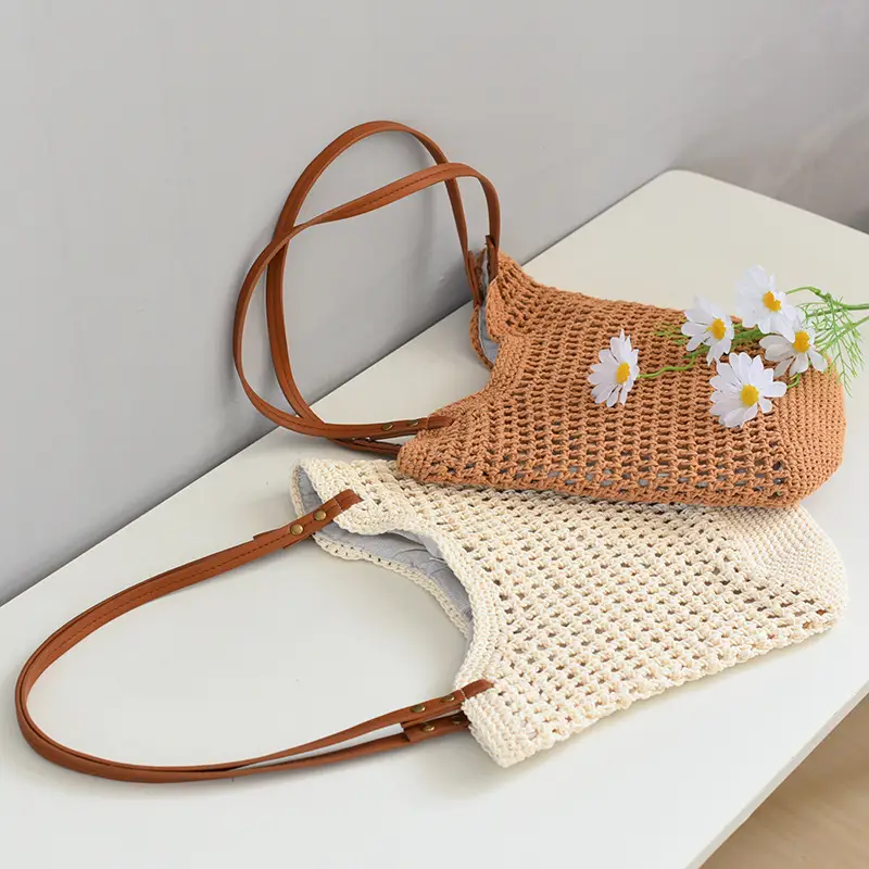 Women Woven Shoulder Bag Summer Large Capacity Tan White — feature 11