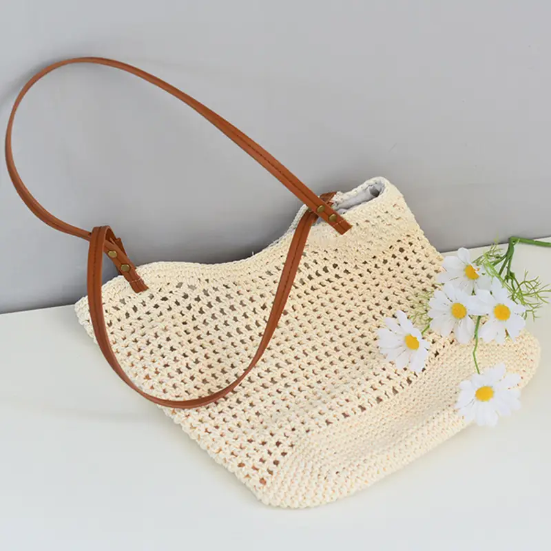 Women Woven Shoulder Bag Summer Large Capacity Tan White — feature 12