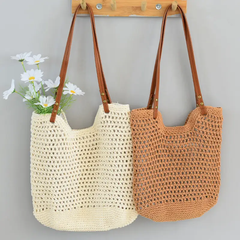 Women Woven Shoulder Bag Summer Large Capacity Tan White — feature 14
