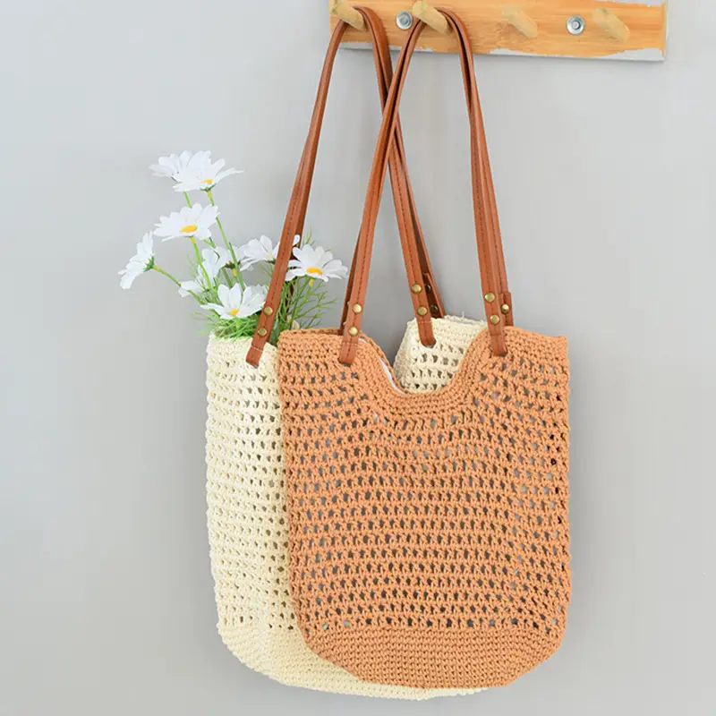 Women Woven Shoulder Bag Summer Large Capacity Tan White — feature 15