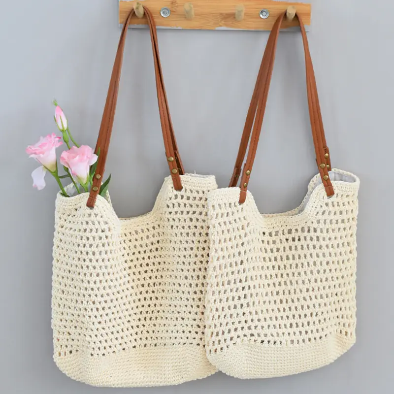 Women Woven Shoulder Bag Summer Large Capacity Tan White — feature 16