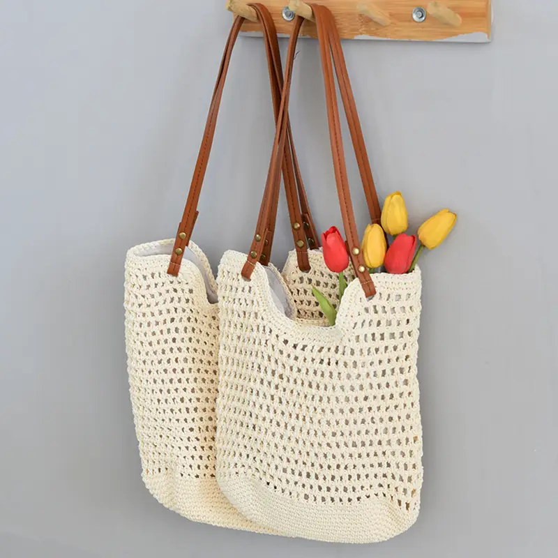 Women Woven Shoulder Bag Summer Large Capacity Tan White — feature 17