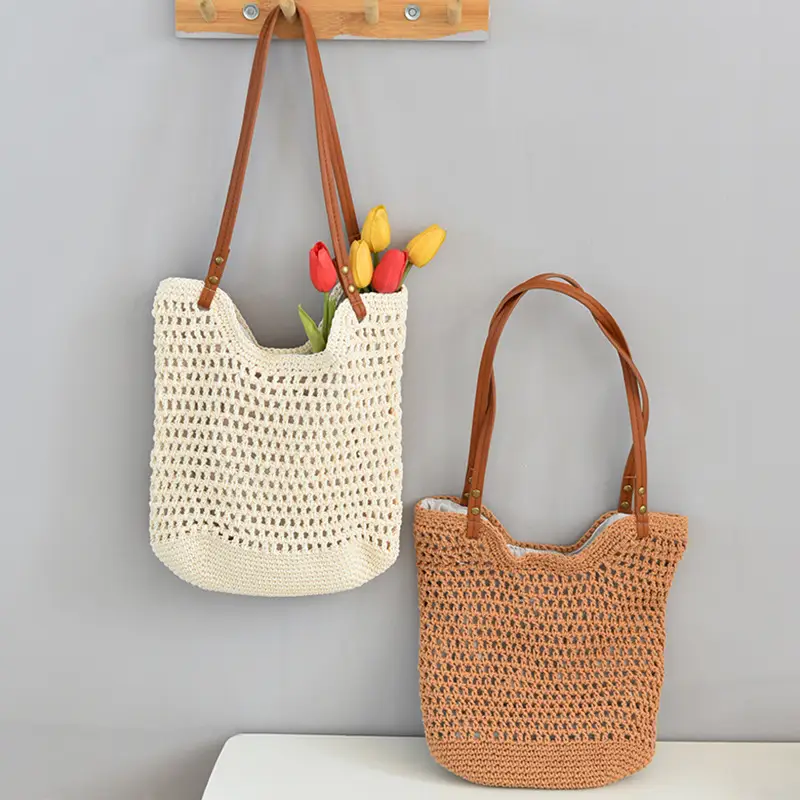 Women Woven Shoulder Bag Summer Large Capacity Tan White — feature 18