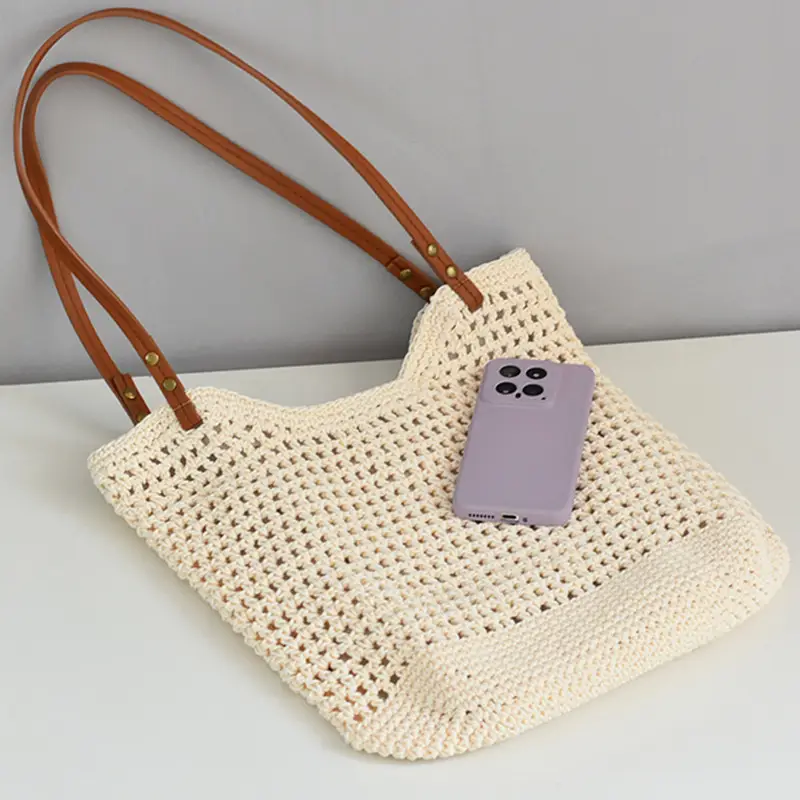 Women Woven Shoulder Bag Summer Large Capacity Tan White — feature 20