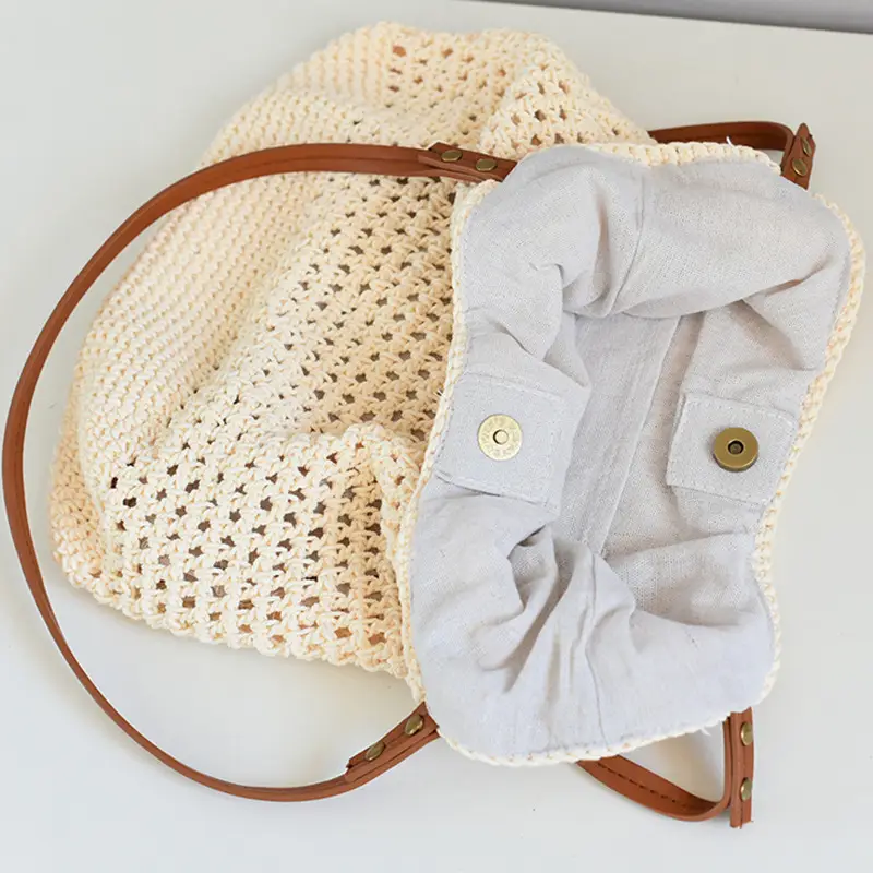 Women Woven Shoulder Bag Summer Large Capacity Tan White — feature 3