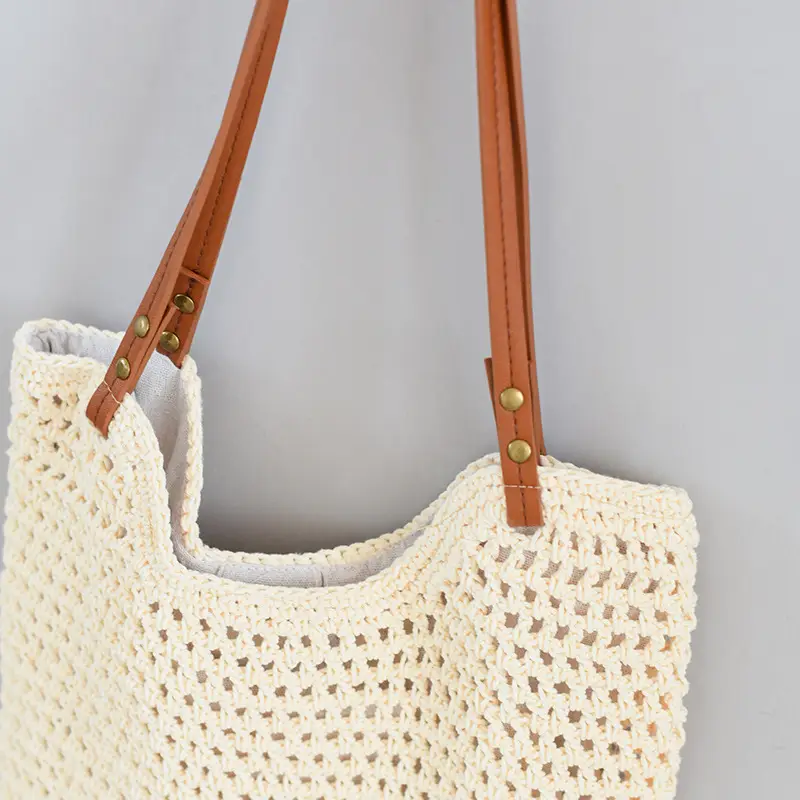 Women Woven Shoulder Bag Summer Large Capacity Tan White — feature 4