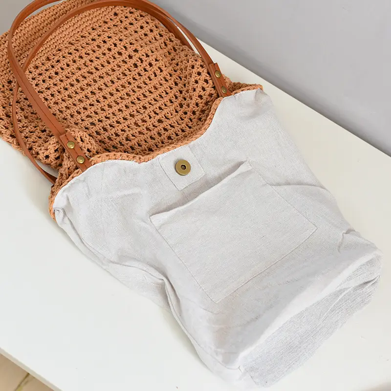 Women Woven Shoulder Bag Summer Large Capacity Tan White — feature 8