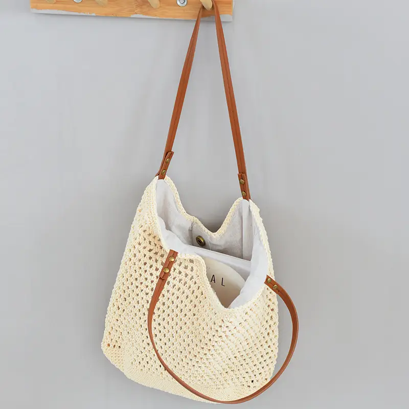 Women Woven Shoulder Bag Summer Large Capacity Tan White — feature 9