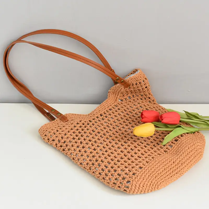 Women Woven Shoulder Bag Summer Large Capacity Tan White - Image 4