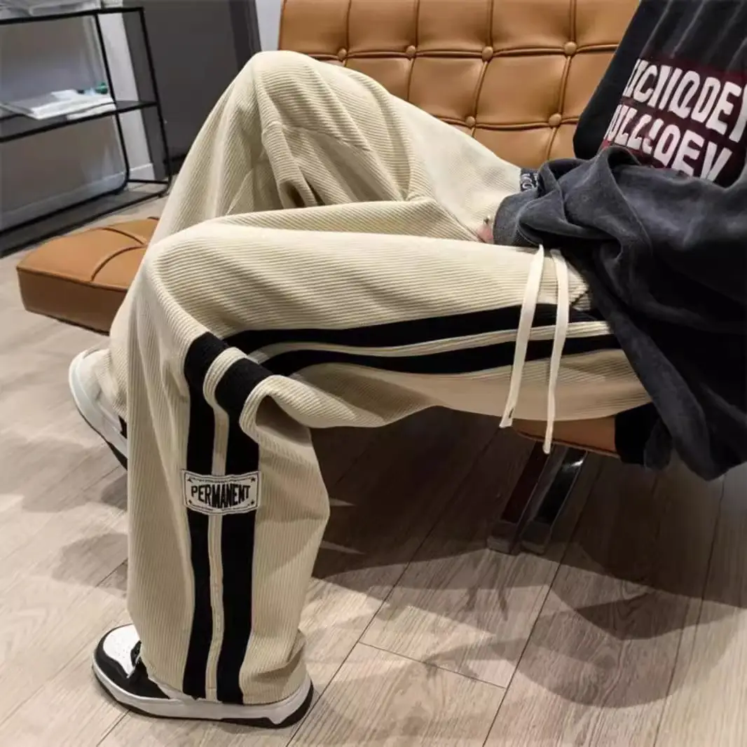 Men's Corduroy Pants Beige Black Stripes Straight Fit