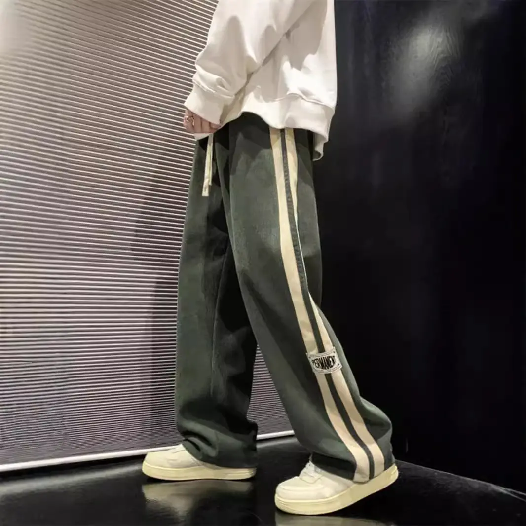 Men's Corduroy Pants Beige Black Stripes Straight Fit