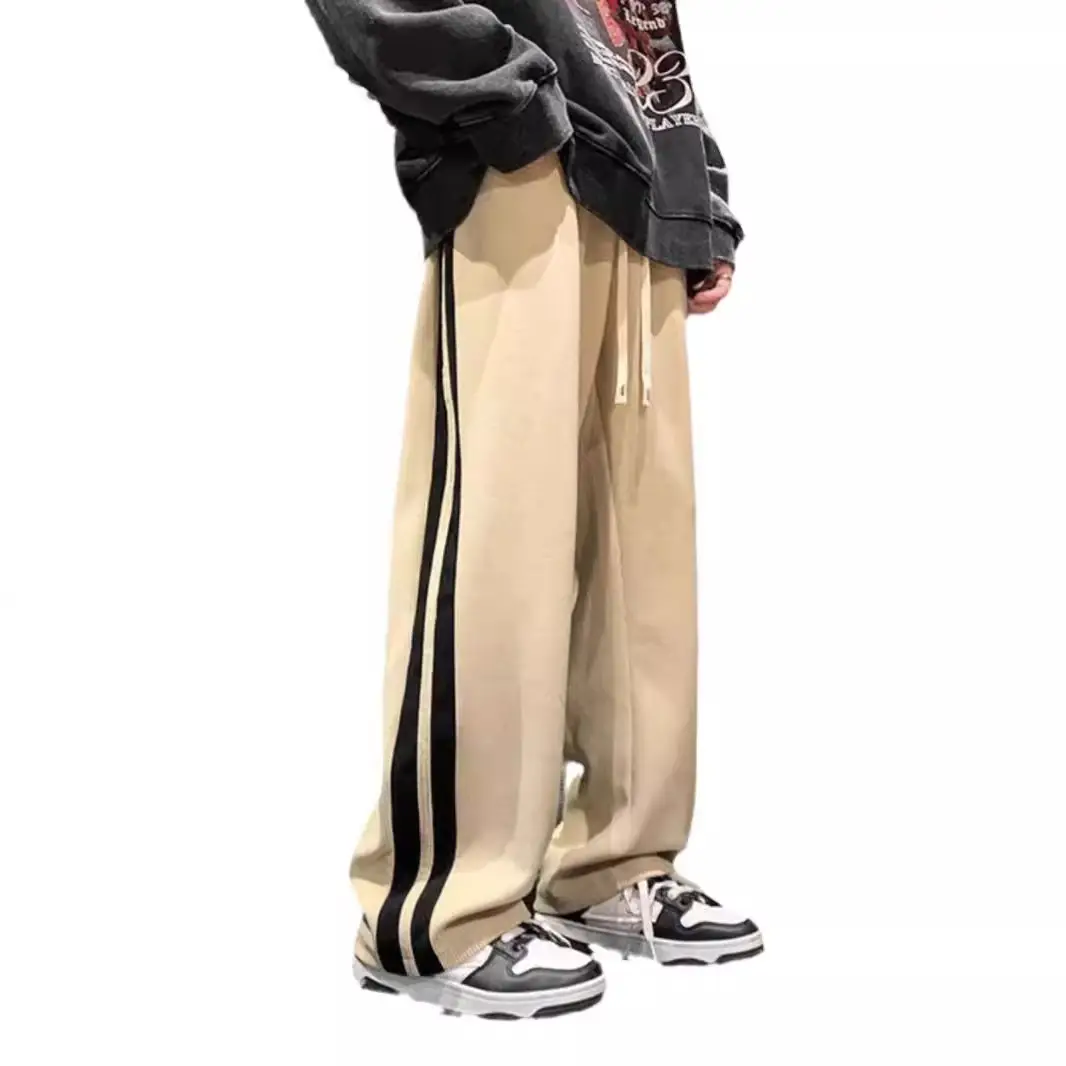 Men's Corduroy Pants Beige Black Stripes Straight Fit
