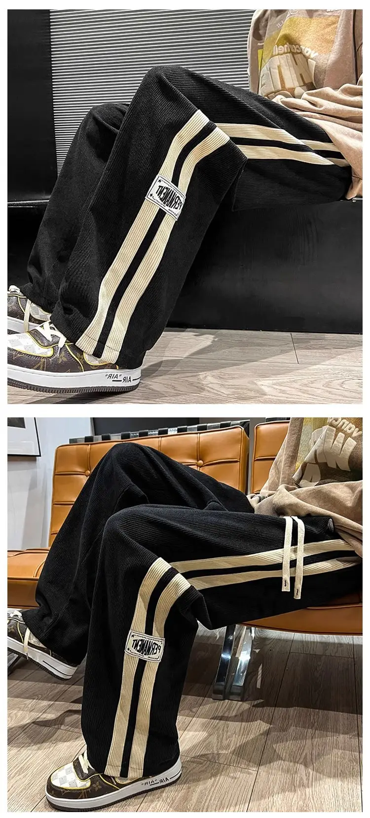 Men's Corduroy Pants Beige Black Stripes Straight Fit — feature 11