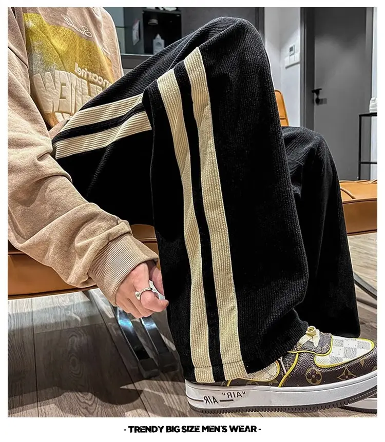 Men's Corduroy Pants Beige Black Stripes Straight Fit — feature 12