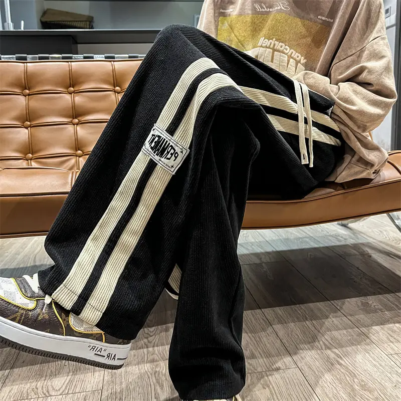 Men's Corduroy Pants Beige Black Stripes Straight Fit — feature 13