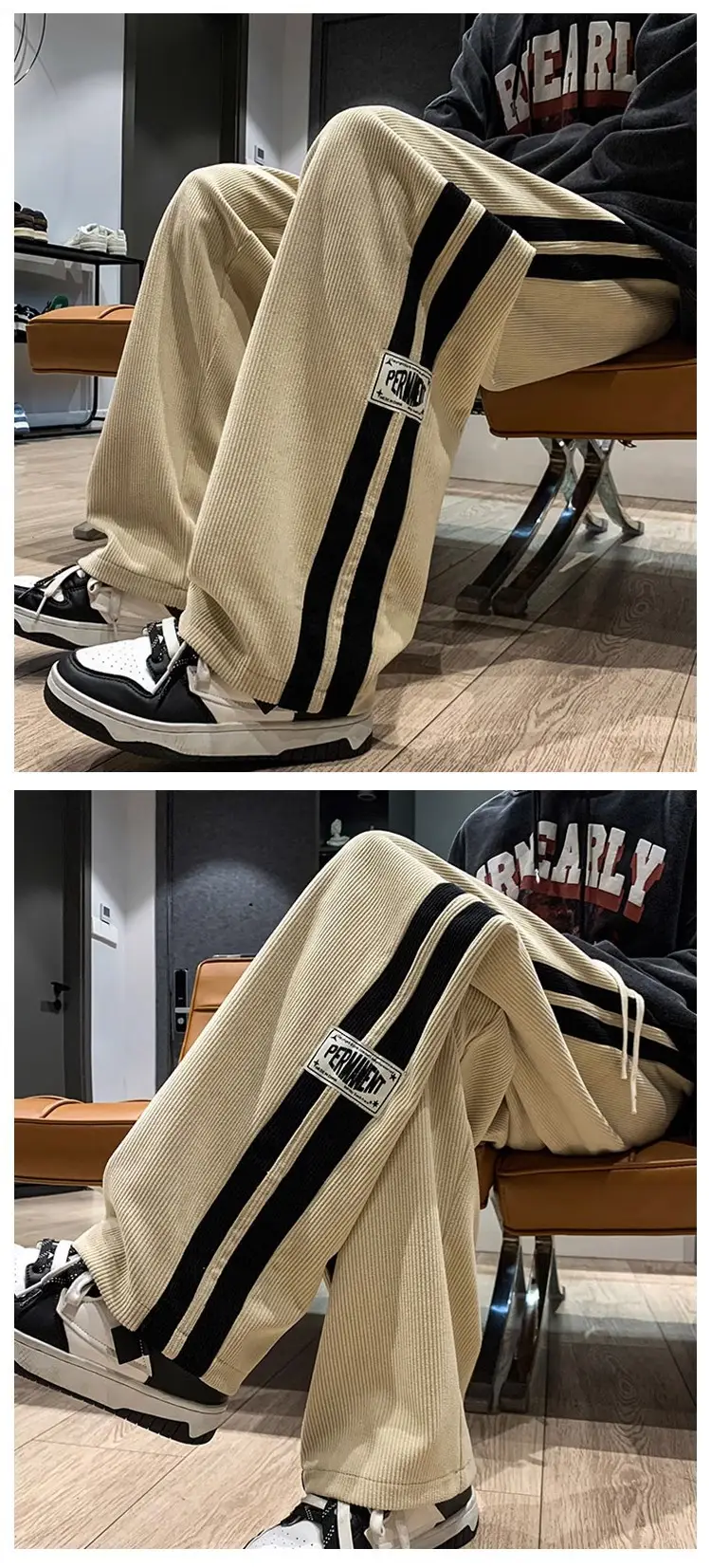 Men's Corduroy Pants Beige Black Stripes Straight Fit — feature 5