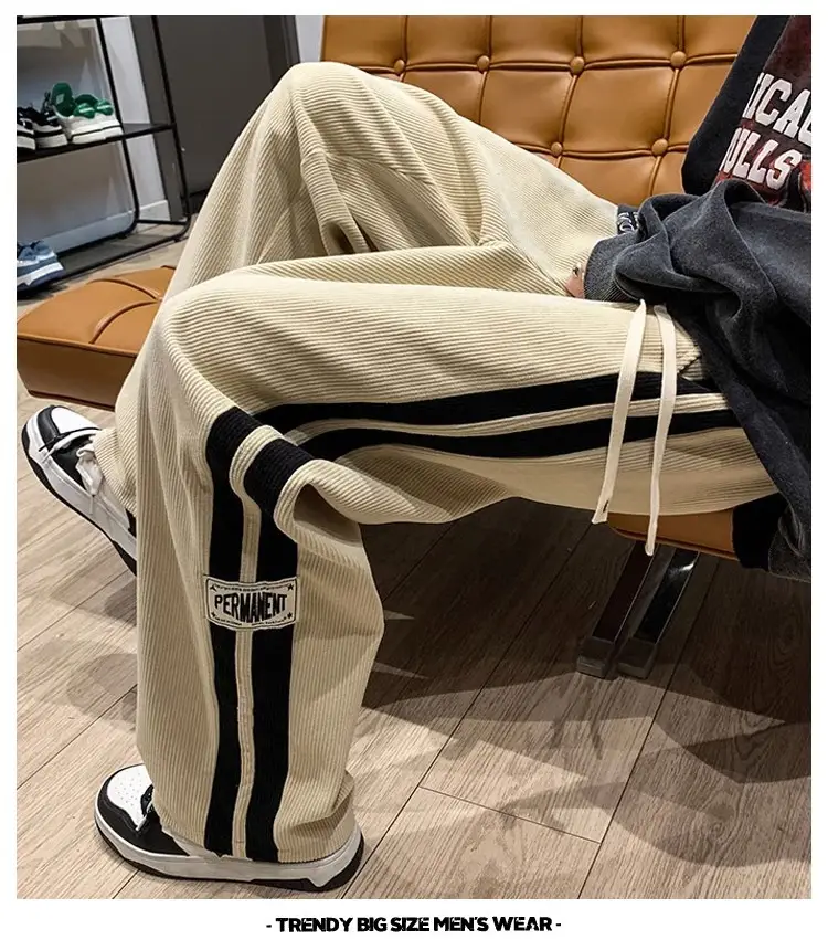 Men's Corduroy Pants Beige Black Stripes Straight Fit — feature 6