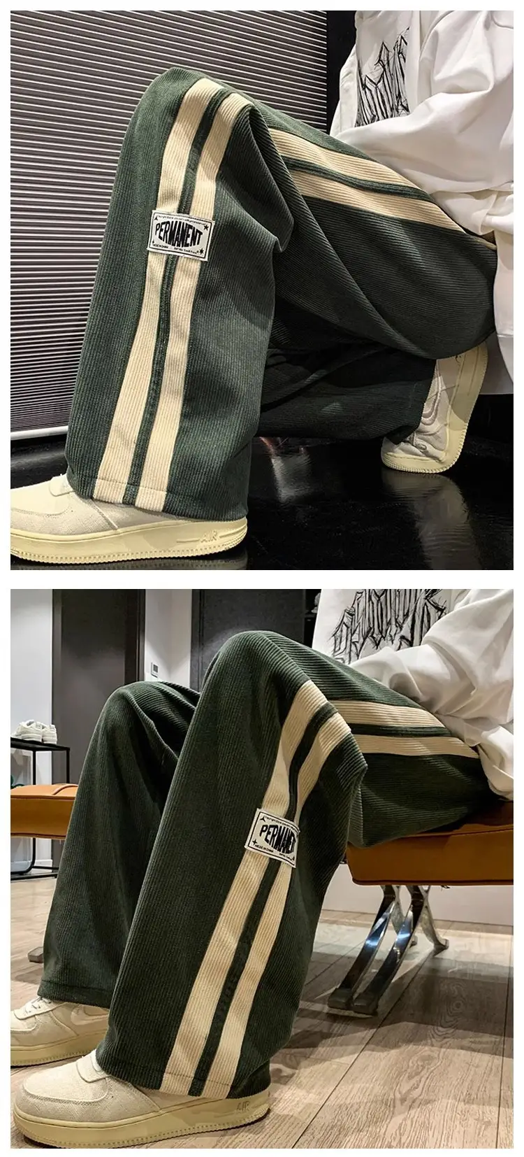 Men's Corduroy Pants Beige Black Stripes Straight Fit — feature 8