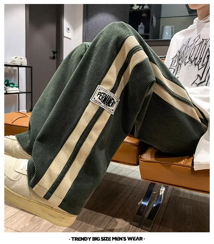 Men's Corduroy Pants Beige Black Stripes Straight Fit — feature 9